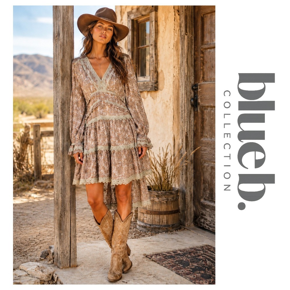 Blue B Collection Brown Taupe Lace Floral Smocked Tiered Boho Western Dress L